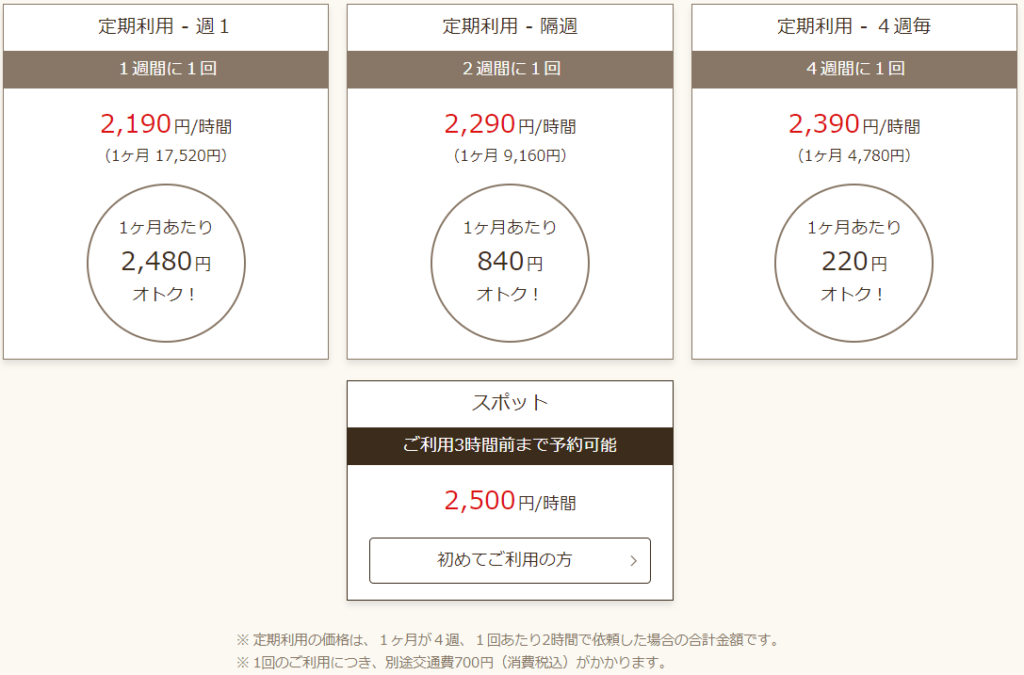 家事代行Casy(カジー)の料金表